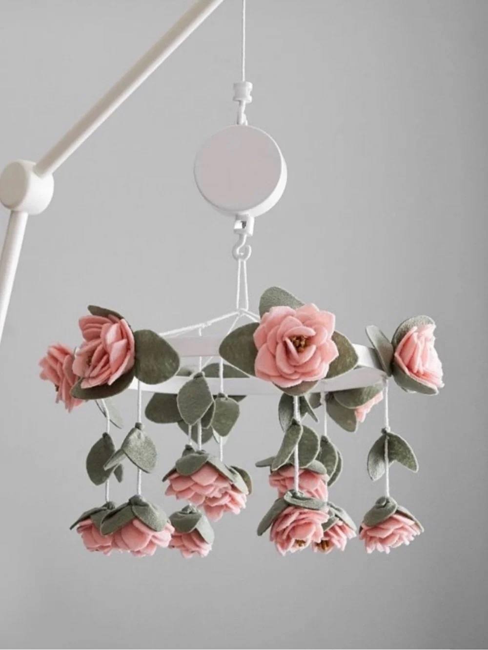 Pottery Barn Felted Pink Roses Musical Baby Crib Mobile and Mobile Arm